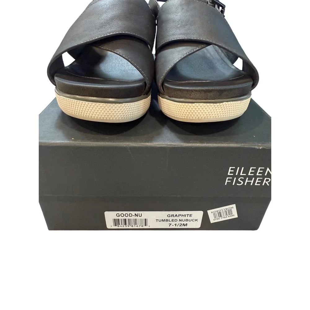 Eileen Fisher Graphite Nubuck Platform Sandals Wedge 7.5M Grey Comfort